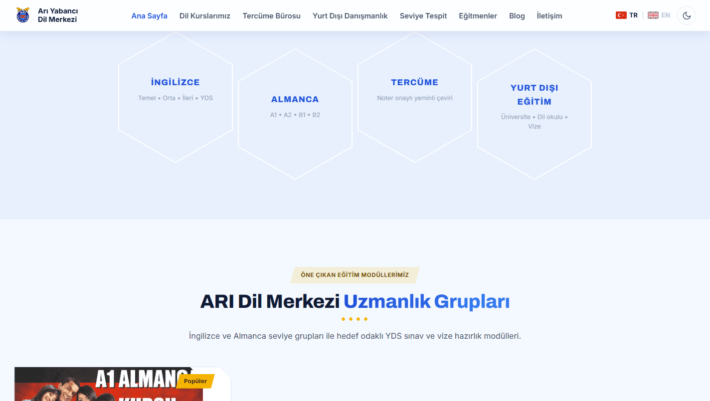 Hizmet grupları: İngilizce, Almanca, yeminli tercüme ve yurt dışı eğitim