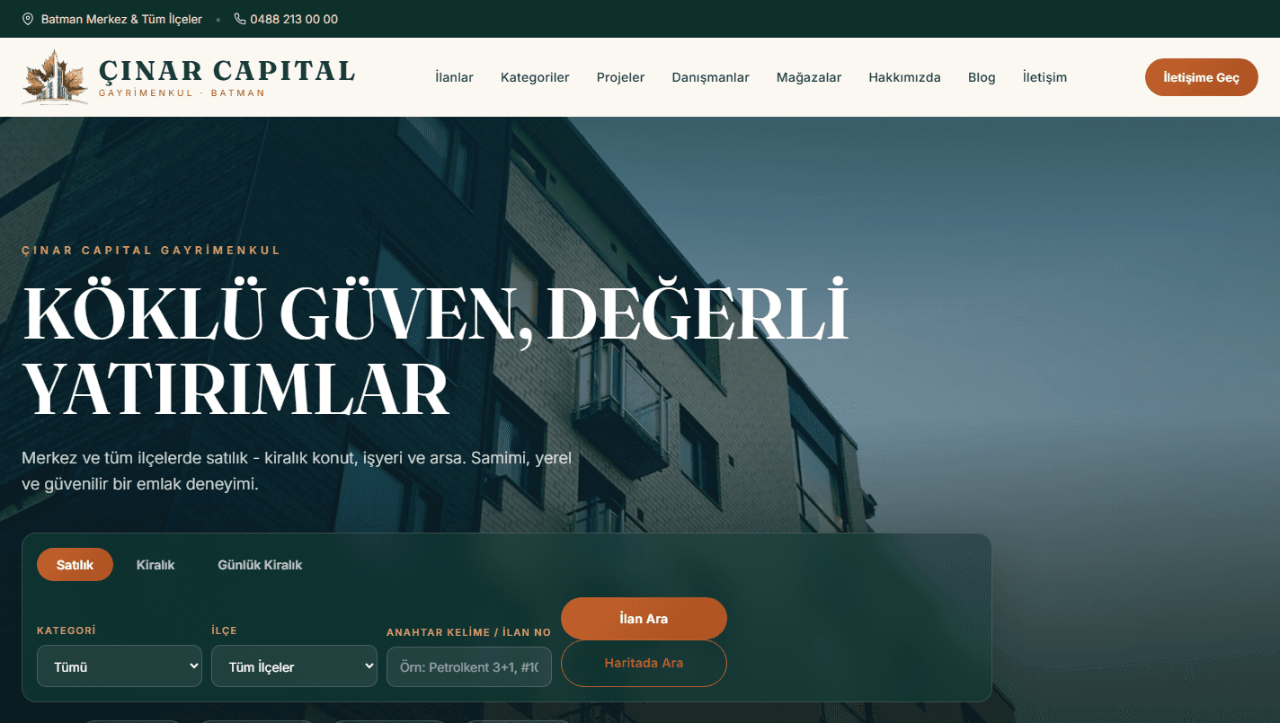 Çınar Capital kurumsal emlak portalı ve arama filtreleri