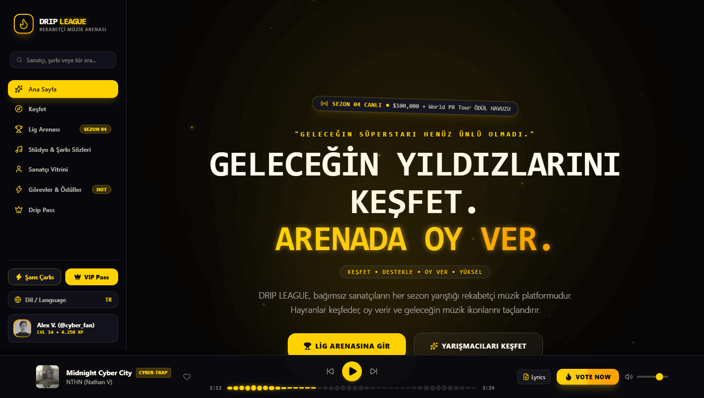 Drip League ana sahne ve şarkı keşif arayüzü