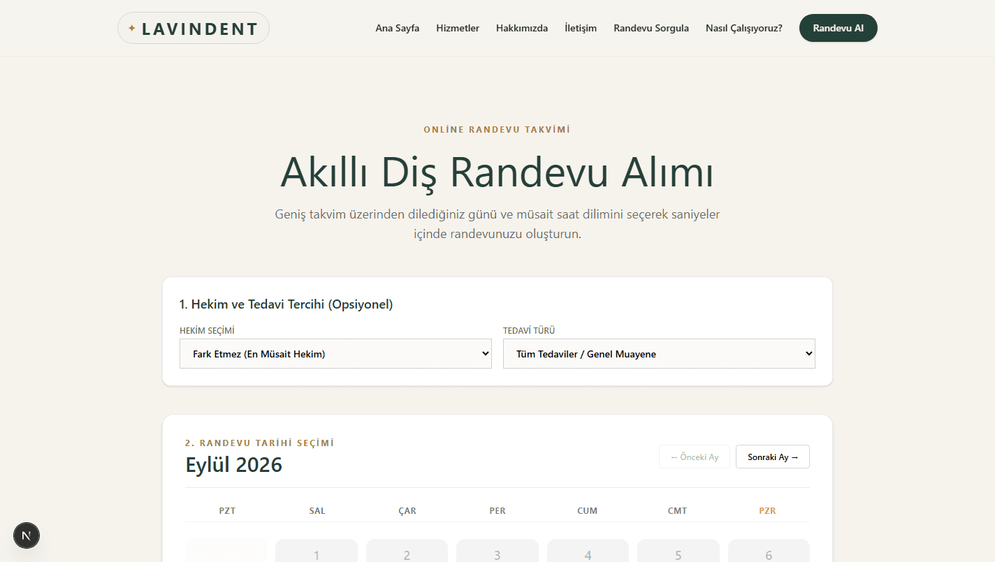 Akıllı diş randevu takvimi ve hekim seçim adımı