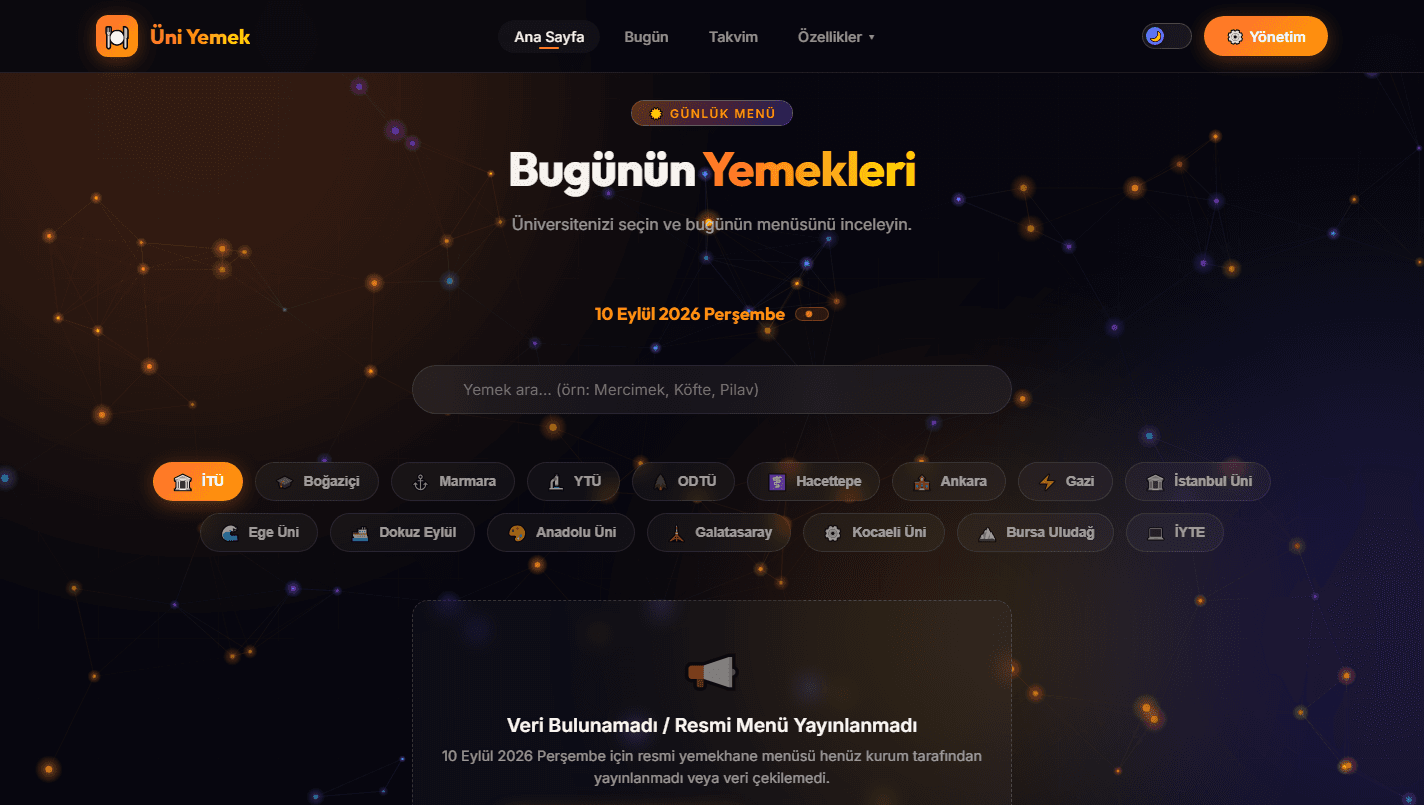Üniversite seçici ve günlük yemekhane menü görünümü